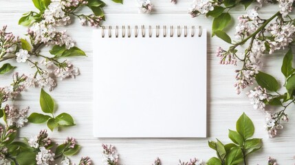 Wall Mural - Lilac flowers blooming around a blank notepad on a light background creating a fresh and natural floral frame for creative projects