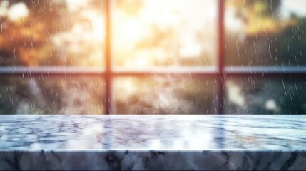 Aufkleber - Marble tabletop with blurred window background and rain effect ideal for product display or creative montages in soft morning light