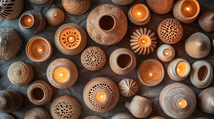 Poster - Beautifully crafted handmade clay lamps arranged artistically with soft lighting creating an inviting ambiance on a textured background.