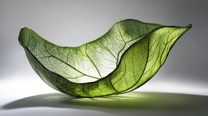 Poster - Delicate backlit green leaf bowl showcasing intricate vein patterns against a soft gradient background.