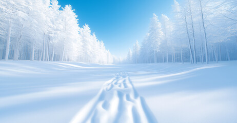 Wall Mural - Snowy landscape with trails through a serene forest