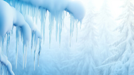 Wall Mural - Icicles hang from snow-covered branches in winter landscape