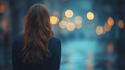 Poster - A woman with long hair standing in front of a body of water