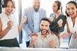 © peopleimages.com - Happy man, business people or celebrate success in call center for reaching target, bonus or deadline. Group support, computer and excited agent winning with record sales achievement, deal or victory
