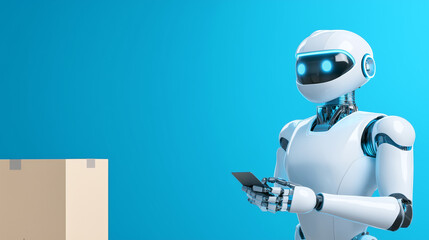 Humanoid robot using mobile device next to a box