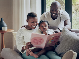 Poster - Black family, home and reading book for learning, fairytale and support kid in education. Love, parents and child listening to fantasy literature in lounge, language development and bonding together