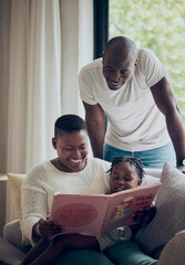 Poster - Black family, home and reading story book on sofa, fairytale and support kid in education. Love, parents and child listening to fantasy literature in lounge, learning language and bonding together