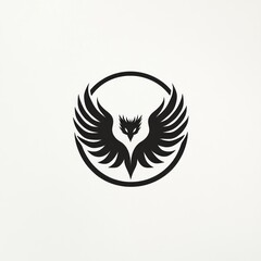 Wall Mural - Black stylized eagle head with wings inside a circle.