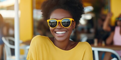 Wall Mural - A woman wearing yellow sunglasses is smiling and sitting at a table. The scene is set in a restaurant with other people around her