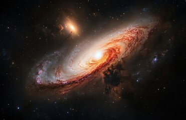 Aufkleber - A spiral galaxy with two supermassive black holes at its core, surrounded by gas and dust clouds, against a space background.
