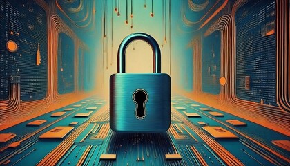 illustration of bar code icon with padlock; block chain concept and business strategy technology