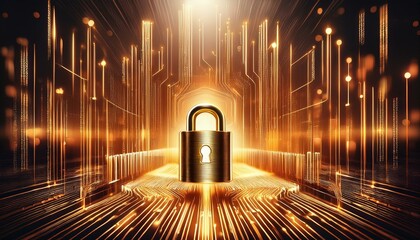 illustration of bar code icon with padlock; block chain concept and business strategy technology