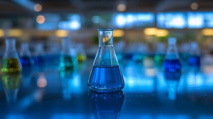 Wall Mural - chemistry lab with blue liquid in flask