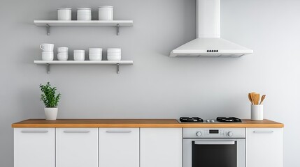 Wall Mural - This modern kitchen showcases a minimalist design featuring wooden cabinets, sleek appliances, and light gray walls. Natural light enhances the inviting atmosphere