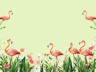 Soft green floral banner background with natural spring flowers and flamingos, empty blank frame for text or image, empty, soft, blank