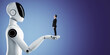© Who is Danny - Robot holding a businessman in its hand on a blue gradient background, symbolizing technology and human collaboration.