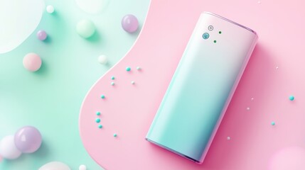 A modern smartphone on a pastel background with colorful spheres, embodying innovation.