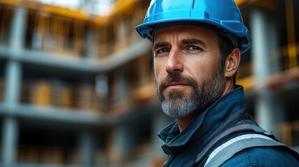 Wall Mural - construction worker in hard hat at a building site