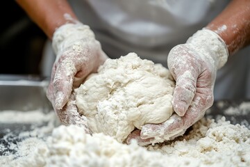 Wall Mural - Baker kneading dough on table with flour in professional kitchen