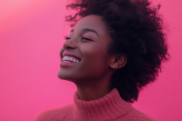 Wall Mural - A joyful woman with curly hair smiles against a vibrant pink background.