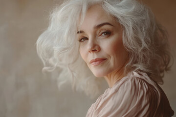 Wall Mural - A woman with curly white hair gazes softly at the camera, exuding elegance and warmth.