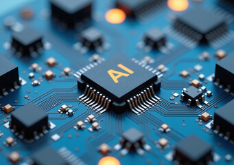 Wall Mural - small ai chip sits blue circuit board design many minimalistic components surrounding