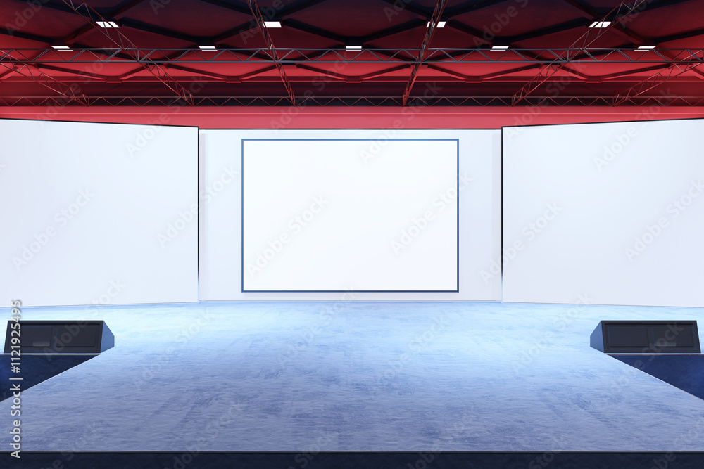 Modern exhibition stage with large blank screens, blue carpeted floor ...