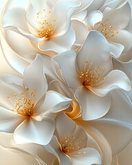 Wall Mural - A close-up view of delicate white flowers with golden highlights, creating a serene and elegant floral arrangement. The soft tones evoke a sense of tranquility and beauty.