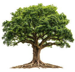Oak tree with roots exposed isolated on white background, PNG transparent clipart.
