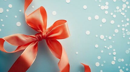 Poster - Coral ribbon bow on light blue background with confetti.