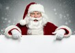 © Alper AI - Santa Claus in a red suit with a white beard and glasses points at a blank white banner with snowflakes falling in the background
