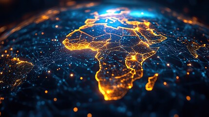 a glowing digital globe with african continent highlighted, surrounded by data streams and global ne