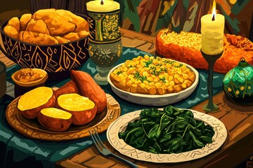 Traditional Kwanzaa Foods with African Table Decorations for Cultural Festivities and Celebrations