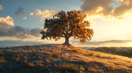 Wall Mural - A solitary tree stands majestically on a grassy hill, illuminated by the warm glow of a sunset. The tree's leaves reflect golden hues, contrasting with the blue and orange tones of the sky. Wispy clou