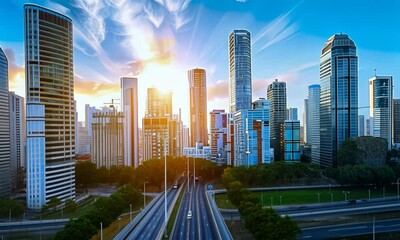 Poster - Camera fly above the modern European city, beautiful downtown with skyscrapers at sunset. Aerial view 