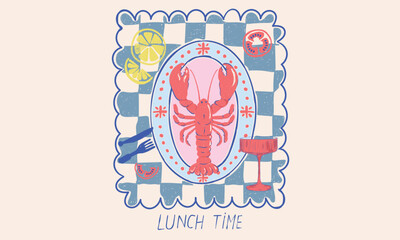 Wall Mural - Lobster design. Fish vintage artwork. Lobster fish artwork for t shirt print, poster, sticker and other uses. Seafood t shirt design. Lemon tomato with drink glass artwork.