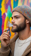 © Akuma - bearded man smoking against colorful graffiti wall