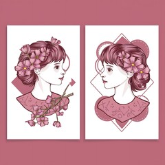 Wall Mural - A set of two white backgrounds featuring a flower branch, a fictional girl's profile and geometric shapes. Isolated young woman with matching hair and a branch of pink flowers drawn line