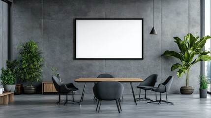 Wall Mural - Large blank frame in a minimalist office with sleek furniture