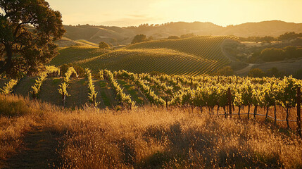 Wall Mural - The image captures a picturesque vineyard at sunset, with rows of grapevines stretching across rolling hills. The vibrant greens of the vines contrast beautifully against the golden hues of the evenin