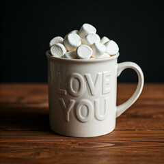 Wall Mural - A white mug with the words “I Love You” embossed on it, filled with marshmallows and sitting on a wooden table