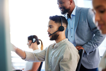 Leinwandbilder - Call center, help and man in training with mentor for learning telemarketing and customer service. Advisor, coaching and people on computer for consulting advice, support or question in business