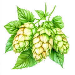 Wall Mural - Fresh green hop cones with leaves cluster isolated on white backround