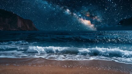 Wall Mural - beautiful night landscape with starry sky over the sea and sandy beach