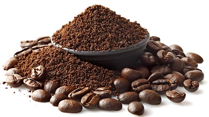 Wall Mural - Coffee beans and ground coffee in a bowl on white background