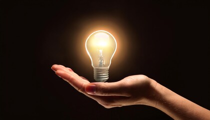 Poster - A hand holding a glowing light bulb in darkness