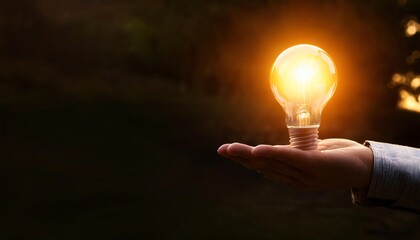 Poster - A hand holding a glowing light bulb in darkness