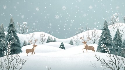 Winter wonderland with two deer in snowy landscape.