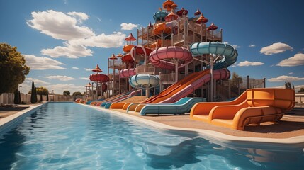 Wall Mural - A vibrant water slide in a children's aquapark shines under a sunny sky, promising endless fun.