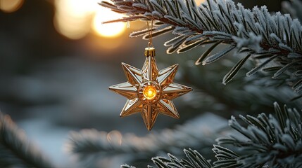 Wall Mural - Warm light is reflected by a golden star-shaped decoration that hangs from a frosty pine branch. 